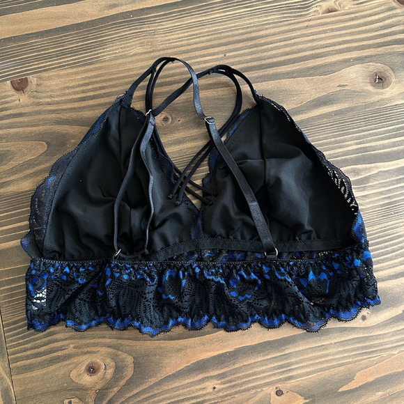 Women's Black Lace Blue Floral Bralette – Adjustable Strappy Back Lingerie Top - Picture 2 of 2